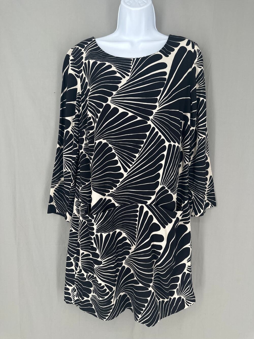 J Crew Dress Womens 4 Black Mini Shift Long Sleeve Abstract Flowy Boho Office